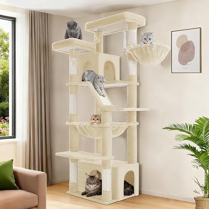 Large Cat Tree, 72 Inch Tall Indoor Cat Tower for 6 Large Cats, Corner Climbing Activity Pet Condo with 2 Large Platforms/2 Cats House/6 Scratching Post/1 Hanging Basket, Beige MS18318YG