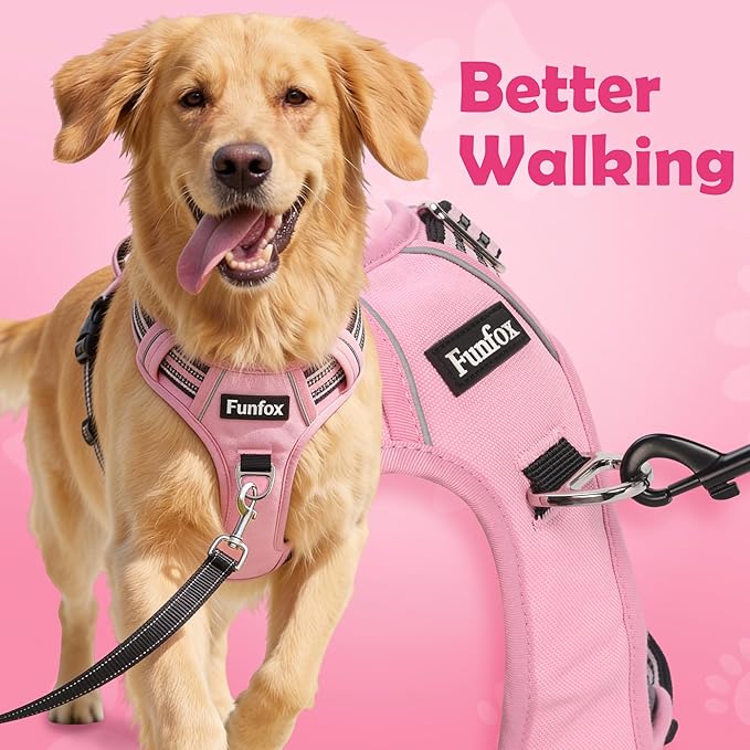 Funfox Dog Harness No Pull, Adjustable Pet Vest Harness, Super Soft Material with Vertical Handle Easy Control, Reflective Night Walking, 2 Leash Clips for XLarge Dogs, Pink, XL