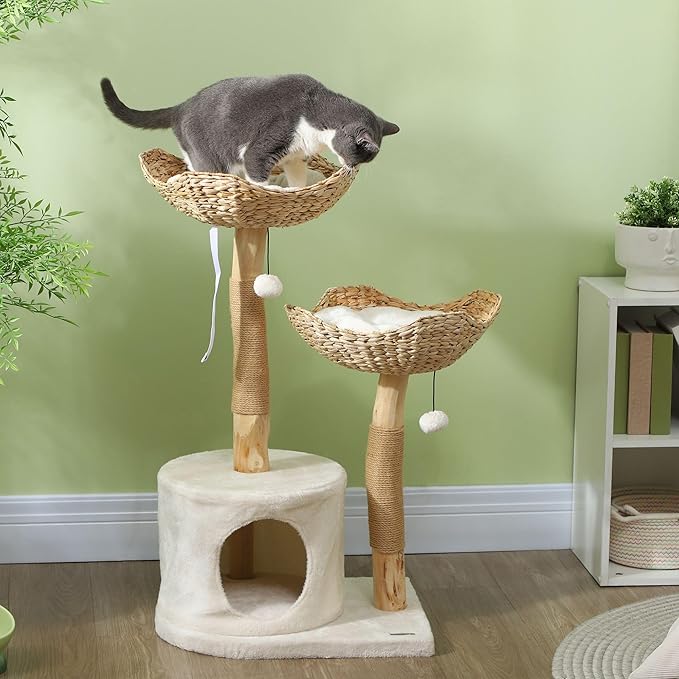 37 Inch Cat Tree with Scratching Posts - Modern Wooden Cat Tower with Condo, Plush Beds, Cushions & Toy Balls, Anti-Tip Kit for Indoor Cats, Multi-Level Furniture for Small to Medium Cats