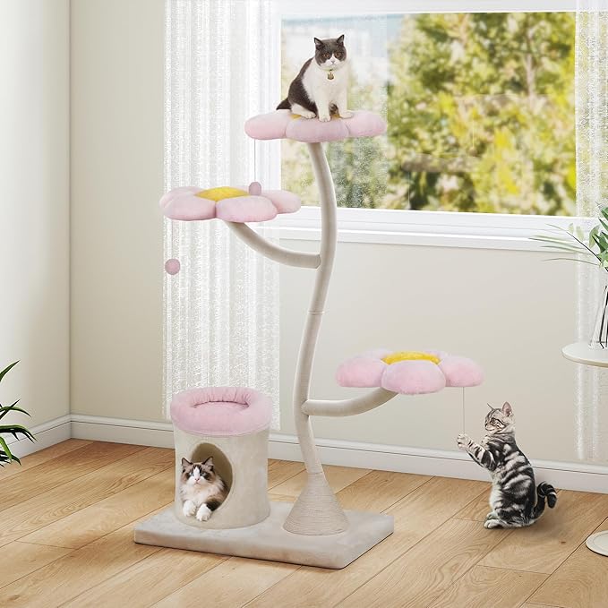 COZIWOW 57" Heavy Duty Cat Tree for Large Cats, Aesthetic Pink Metal Tube Cat Tower with Large Condo & Flower Perches, Multi-Level Indoor Cat House with Scratching Post