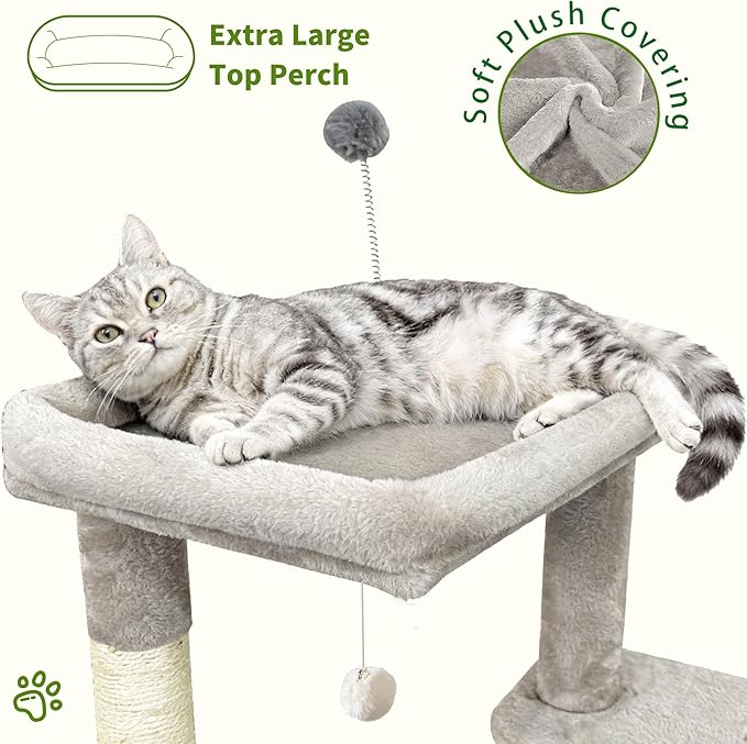 Cat Tree Tower for Indoor Cats, Adult Cat Tree House for Large Adult Cats with Steps, Scratching Post, 3 Cat Caves, Dangling Toys (Light Gray)