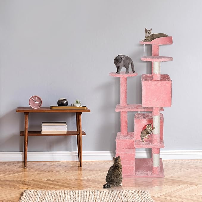 53 inches Heavy Duty Multi-Level Cat Tree Tower with Condo Furniture & Scratching Posts for Kittens Play Rest (Pink)