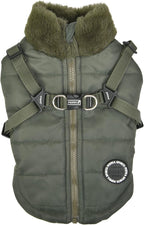 Puppia Donavan Winter Dog Coat with Integrated Harness No Pull Cold Weather Waterproof Warm Fleece Back Zipper for Small & Medium Dog, Khaki, Medium