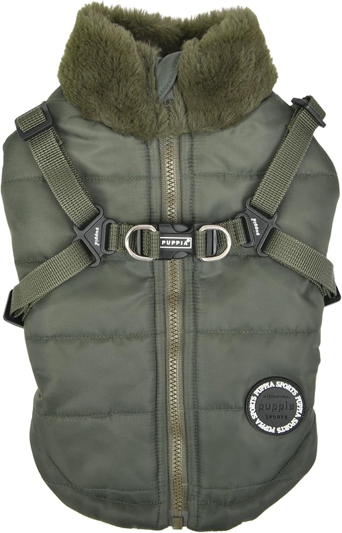 Puppia Donavan Winter Dog Coat with Integrated Harness No Pull Cold Weather Waterproof Warm Fleece Back Zipper for Small & Medium Dog, Khaki, X-Large