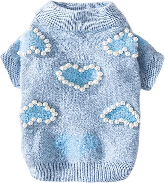 Winter Dog Sweater with Heart Shaped Pearl Decoration Thick Puppy Sweater for Small Dogs Pet Coat Dog Birthday