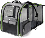Lekebobor Large Cat Backpack Carrier Expandable Pet Carrier Backpack for Small Dogs Medium Cats Fit Up to 18 Lbs,Dogs Foldable Puppy Backpack Carrier for Travel, Hiking,Grey with Green Edge, XL