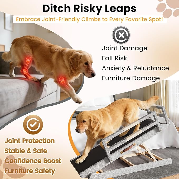 Dog Ramp for Bed, 5 Adjustable Height Wooden Ramp for Dogs from 16"–24", 17" Wide Pet Ramps for Dogs to Get on High Bed/Couch/Car with Soft Padding & Anti-Slip Grip, Up to 250LBS for Small/Large Dog