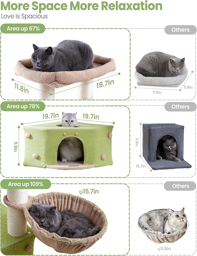 Heavy Duty Cat Tree for Large Cats Adult - 60 Inch XXL Sturdy Cat Tower Condo with Extra Wide Scratching Posts (φ4.4in) Big Cat House Hammock Perch - Indoor Wood Modern Multi Level Corner Cat Bed
