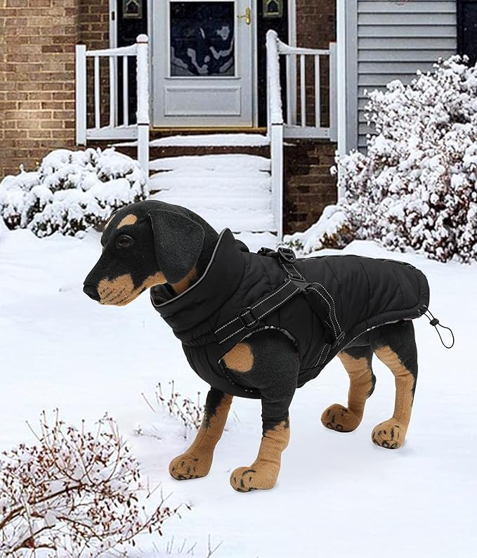 Geyecete Winter Warm Coat Waterproof Jacket with Harness Traction Belt,Pet Outdoor Jacket for Medium, Small Dogs - Black