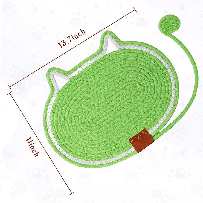 Cat Scratcher Mat Natural Cotton Rope Oval Horizontal Floor Cat Scratch Bed Pad with Ball Toy Protector for Furniture Floor Wall (Green, 2 PC)