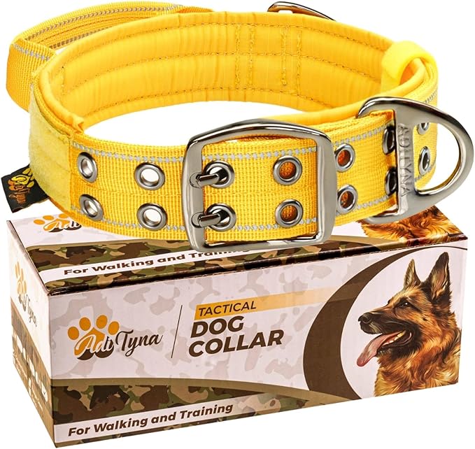 ADITYNA Heavy Duty Dog Collar for Large Dogs - Reflective Yellow Collar with Handle for Training, and Walking - Wide, Thick, Tactical, Soft Neoprene Padded