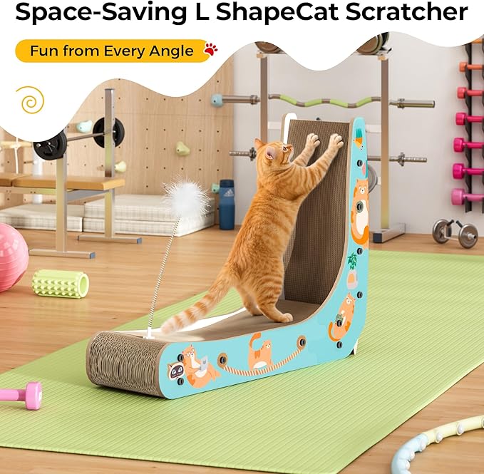 COZIWOW L-Shape Cat Scratcher Lounge, Corrugated Cardboard Scratching Pad for Indoor Cats, Durable Cat Furniture with Spring Toy (Colorful)
