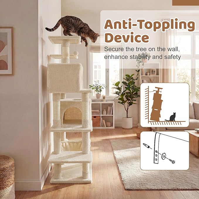 DORTALA 57" Tall Cat Tree, Multi-Level Cat Tower with 2 Large Condos, Sisal Scratching Posts, Top Perch, Hammock, Pet Play House Climbing Furniture for Indoor Adult Cats & Kittens (Beige)