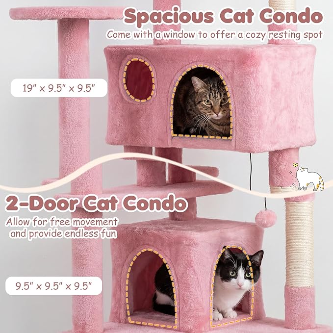 Tangkula Pink Cat Tree Tower, 52 Inch Multi-Level Cat Tower with Sisal Scratching Posts, Cushioned Top Perch, Large Dual Condos & Ladder, 2 Hanging Balls, Jumping Platforms for Indoor Cats (Pink)