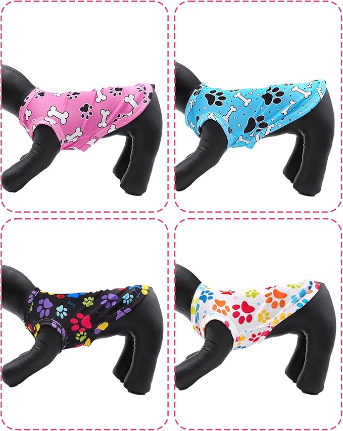 PET SHOW 4 Pack Paw Bone Printed Dog Clothes Shirts Soft Dog Vest Lightweight Sleeveless Cats Doggies T-Shirts Puppies Tank Top Tee Cat Clothes for Small Medium Dogs White Black Pink Blue M
