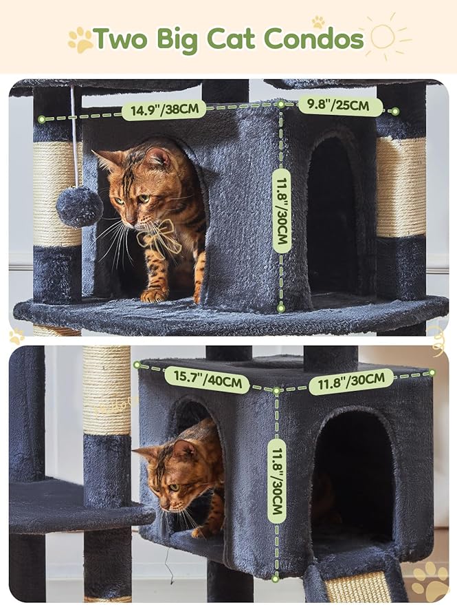 Taoqimiao 76-Inch Cat Tree XXL for Large Cats, Giant Cat Tower with Scratching Board, Extra-Large Metal Hammock, 3 Perches, 7 Sisal Posts, 2 Big Condos, Hanging Basket, Smoky Gray, MS047G