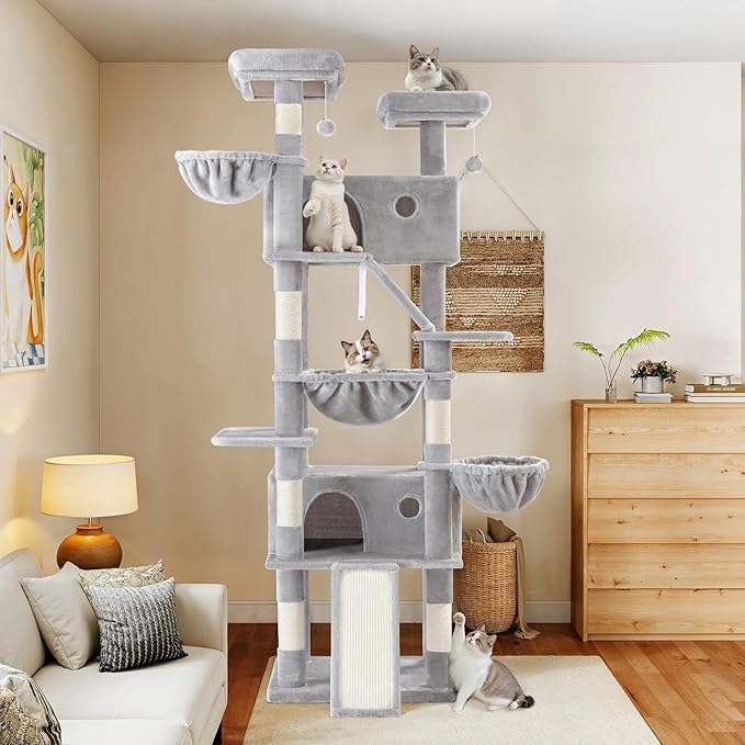 WEEWAY Cat Tree Tower for Indoor Cats,81'' Multi-Level Cat Furniture Activity Center,Stand House Condo Cave,Sisal Scratching Posts Ramps,Plush Perches Platforms Basket Hammock,Grey