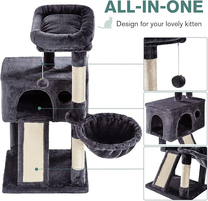 IMUsee 36 Inches Cat Tree Condo with Sisal Scratching Posts, Scratching Board, Plush Ball and Middle House, Cat Tower Furniture Kitty Activity Center Kitten Play House, Dark Blue