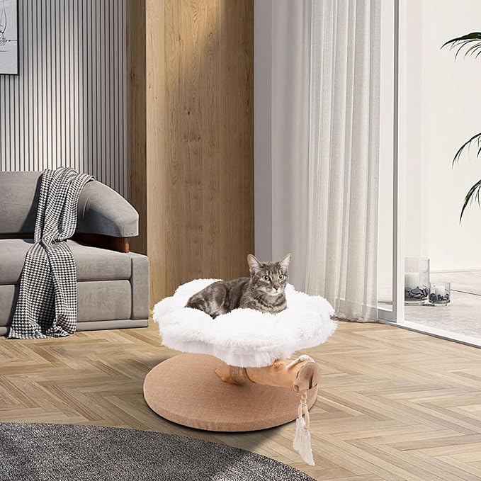 Wood Cat Tree, Flower Soft Cushion Cat Bed, Cat Tower with Rope Pendant,Cat Climbing Furniture for Cat, Load Capacity 11.02lbs