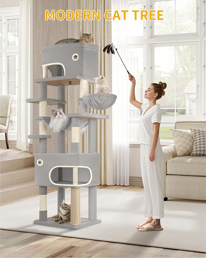 79.9 inch Cat Tree for Indoor Cats, Multi-Layer Scratching Post with Large Platform, 2 Caves, 7 Sisal Posts, Pompoms, Cat Basket, Hammock, Suitable for Cats, Light Grey MS20318LG