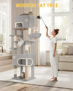 79.9 inch Cat Tree for Indoor Cats, Multi-Layer Scratching Post with Large Platform, 2 Caves, 7 Sisal Posts, Pompoms, Cat Basket, Hammock, Suitable for Cats, Light Grey MS20318LG