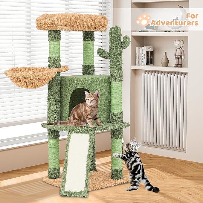 Cat Tree Cactus Design Cat Tower with Scratching Posts, Cat House Condo Perch and Ladder Small Cat Trees for Indoor Cats 42 Inches, Green/Light Brown