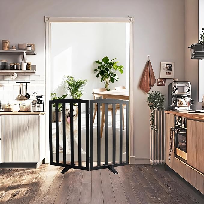 Freestanding Dog Gate Indoor,Doggie Gate Foldable Pet Gates for Doorways,Stairs or Hallways, Wooden Black Pet Gate for the House, Pet Fence with Support Feet Included,32 "Height-2 Panels