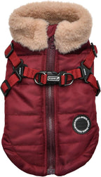 Puppia Donavan Winter Dog Coat with Integrated Harness No Pull Cold Weather Waterproof Warm Fleece Back Zipper for Small & Medium Dog, Wine, Small
