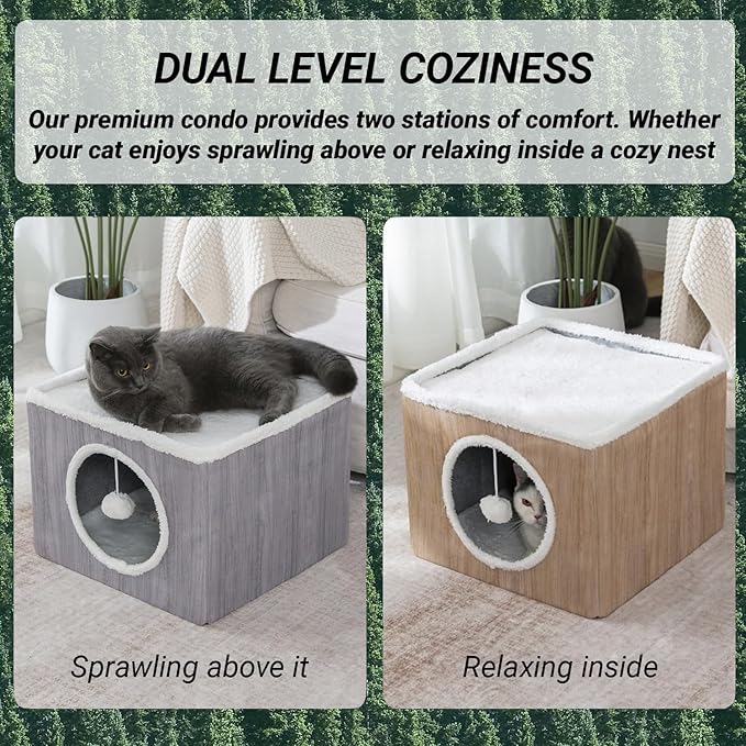 LUCKITTY Cat Condo House with Reversible Cushions and Fluffy Ball Hanging, Foldable Cat Cube, Large Cave Bed for Indoor Kittens, Brown Wood Grain Pattern