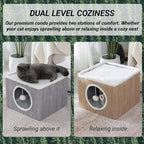 LUCKITTY Cat Condo House with Reversible Cushions and Fluffy Ball Hanging, Foldable Cube, Large Cave Bed for Indoor Cats Kittens, Grey Wood Grain Pattern