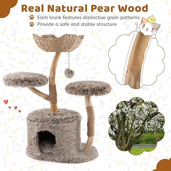 PETSITE 41.5 Inch Wood Cat Tree, Multi-Level Real Pear Wood Modern Cat Tower with Jute Scratching Posts, Dangling Ball, Cozy Top Cattail Perch, 2 Jumping Platforms, Cat Condo, Soft Long Plush Covered