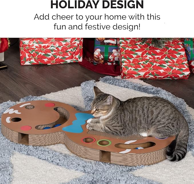 Furhaven Scratching Pad Ball Track Cat Toy w/ Catnip for Indoor Cats - Giant Gingerbread Man Holiday Corrugated Busy Box Scratcher - Brown, One Size
