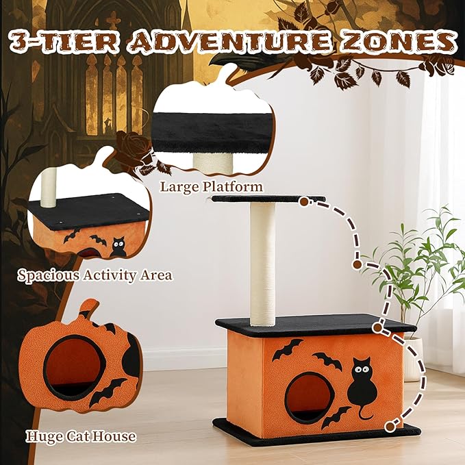 33" Halloween Cat Tree with Spacious Cat Condo, Small Cat Tower for Indoor Cats with Large Platform, Sisal Scratching Post - Spooky Cat Furniture for Small to Medium Cats, Orange & Black
