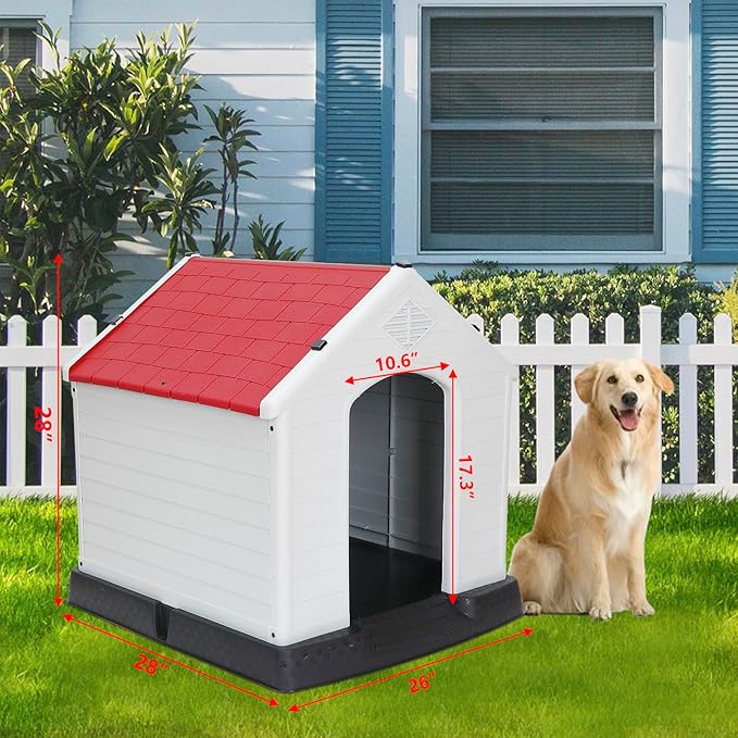 ZENY Plastic Dog House - Waterproof Dog Kennel with Air Vents and Elevated Floor All Weather Indoor Outdoor Insulated Doghouse Puppy Shelter, Easy to Assemble (Red, 28inch)