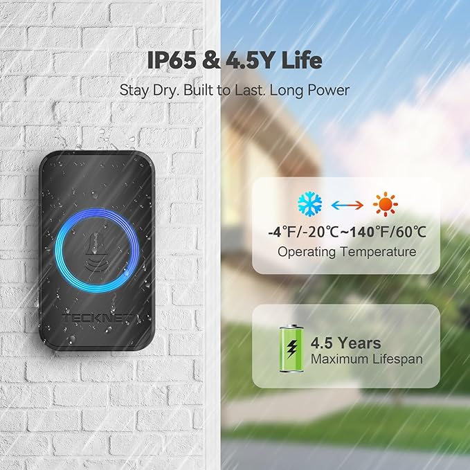 TECKNET Wireless Doorbell with 2 Plug-in Receivers, IP65 Waterproof Doorbells for Home, 1300ft Operating Range, 60 Melodies & 5 Volume Levels of 0-120 dB, RGB Light for Hearing Impaired