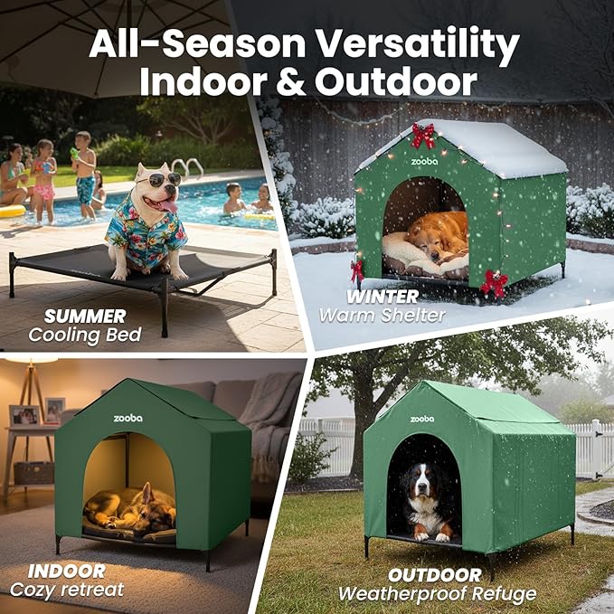 42" 2-in-1 Dog House for Medium Dogs, Elevted Dog House Outdoor/Indoor, Puppy Shelter Outside,Water Resistant 600D PVC and Durable 2x1 Textilene Raised Dog Bed(Green)