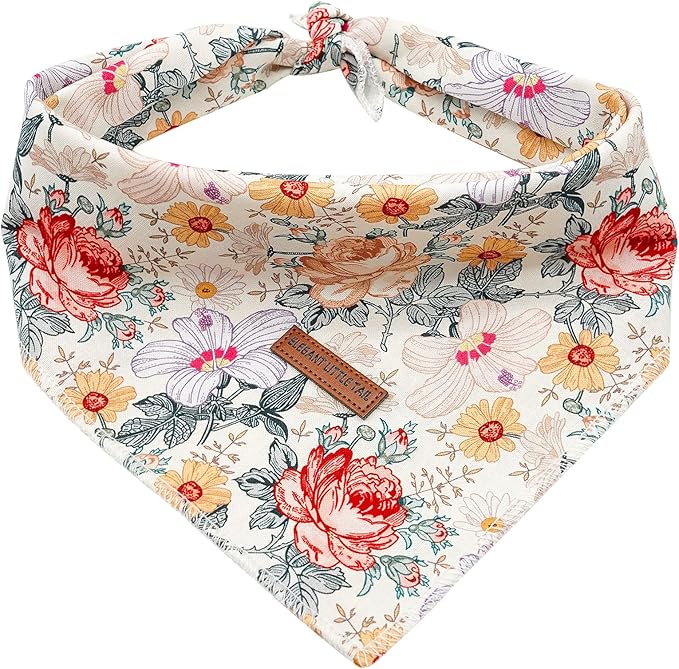 Elegant Little Tail Girl Dog Bandanas - Vintage Flower Pattern Dog Kerchief, Small/Medium/Large, Adjustable, Washable Square Scarf