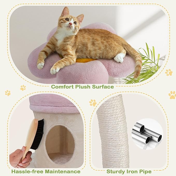 COZIWOW 57" Heavy Duty Cat Tree for Large Cats, Aesthetic Pink Metal Tube Cat Tower with Large Condo & Flower Perches, Multi-Level Indoor Cat House with Scratching Post