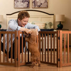 LZRS 4-Panel Wooden Free Standing Foldable Dog Gate Indoor – 24" High, Extra Wide Step-Over Safety Pet Gate for Doorways, Stairs, Hallways, Large Spaces & Playpen for Puppies Indoor Use, Oak