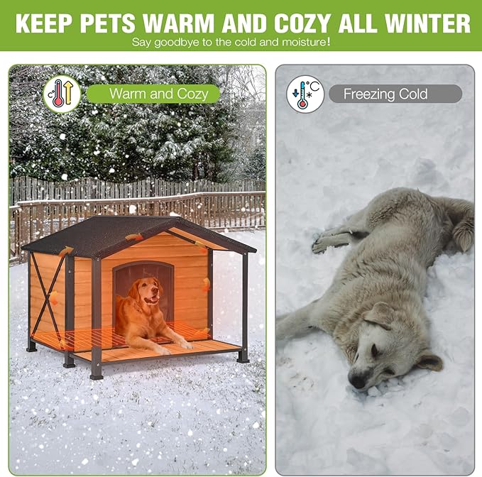 GUTINNEEN Extra Large Heated Dog House for Outside XL Insulated Dog House Outdoor Weatherproof Dog Kennel with Thermostat-Controlled Heating Pad, Thermal Liner, Chew-Proof Metal Frame for Large Breeds