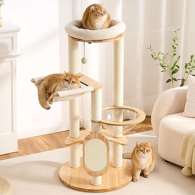 Modern Solid Wood Cat Tree Small Tower with Scratching Post for Indoor, Multifunctional Cat Tree Tower with Bed, Space Capsule, Hammock, Scratching Board, Dangling Ball