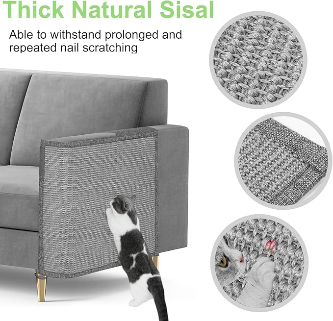 Cat Scratch Couch Protector,23.6" L*19.6" W Scratching Furniture Protector Pad,Cat Scratch Sofa Arm Sheild with Grey Natural Sisal for Protecting Couch Sofa Chair Furniture (Grey/Left Hand)