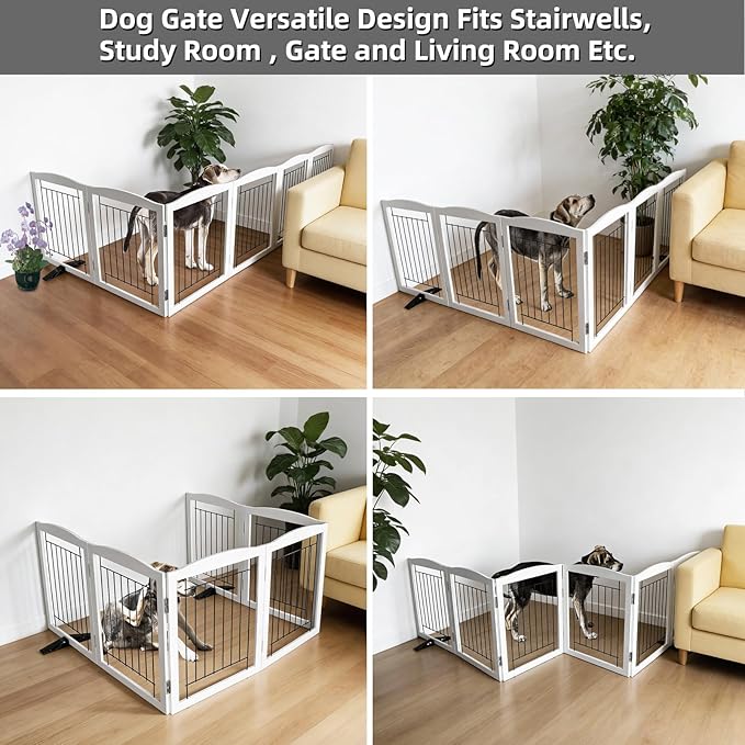 Dog Fence Indoor,Dog Gate Indoor for Doorway pet gate - 6-Panel Freestanding, Hallways, House or Stairs -120x24-Inch Retractable Foldable Expandable Wood Pet by SFJC (White)
