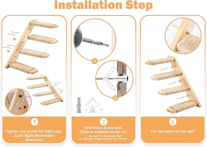 2PCS Wall Cat Tree Shelves, Reversible 4-Step Cat Ladders with Sisal Rope, Mountable Left & Right for Climbing and Scratching