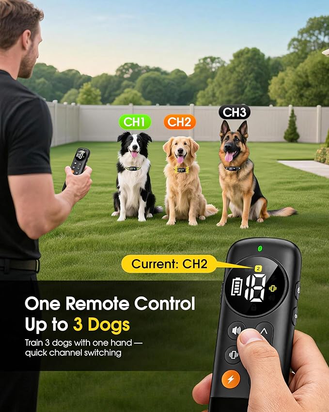 3 Dogs Shock Collar with Remote Control - 3300FT Long Range IPX7 Waterproof Dog Training Collar, Rechargeable 3-Channel E Collar with Beep Vibration & Shock for 10–120 lb Small, Medium & Large Dogs