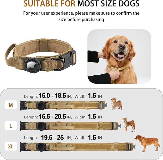 Tactical AirTag Dog Collar - Heavy Duty, Adjustable GPS Collar Compatible with Apple AirTag, with Holder & Control Handle for Medium/Large Dogs [ Brown, M ]