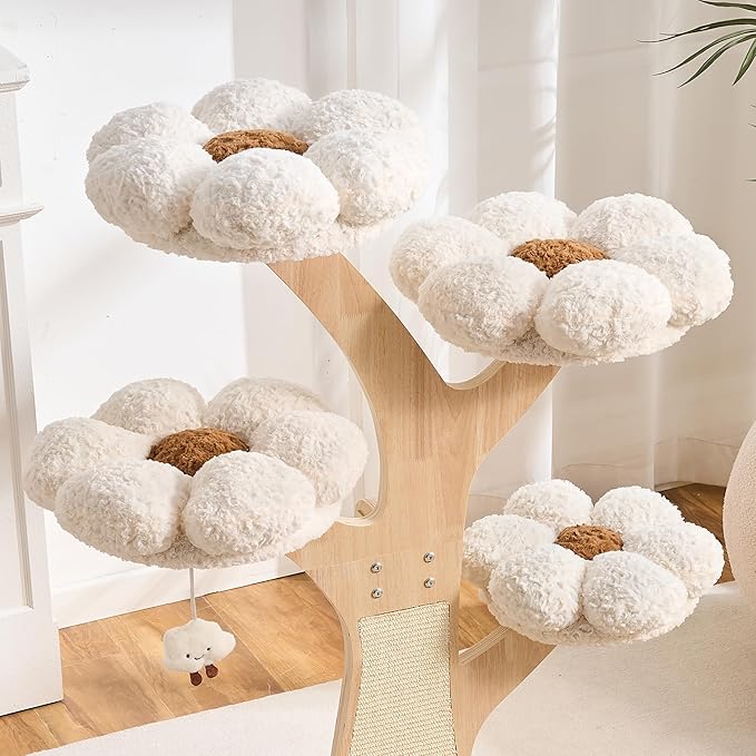 797Audio Flower Cat Tree, 48" Wood Branch Cat Tower, White Cloud Cat Tree with Scratching Post for Indoor Adult Cats, Luxury Cat Tree with Cozy Perches & Interactive Squeaky Hanging Toy