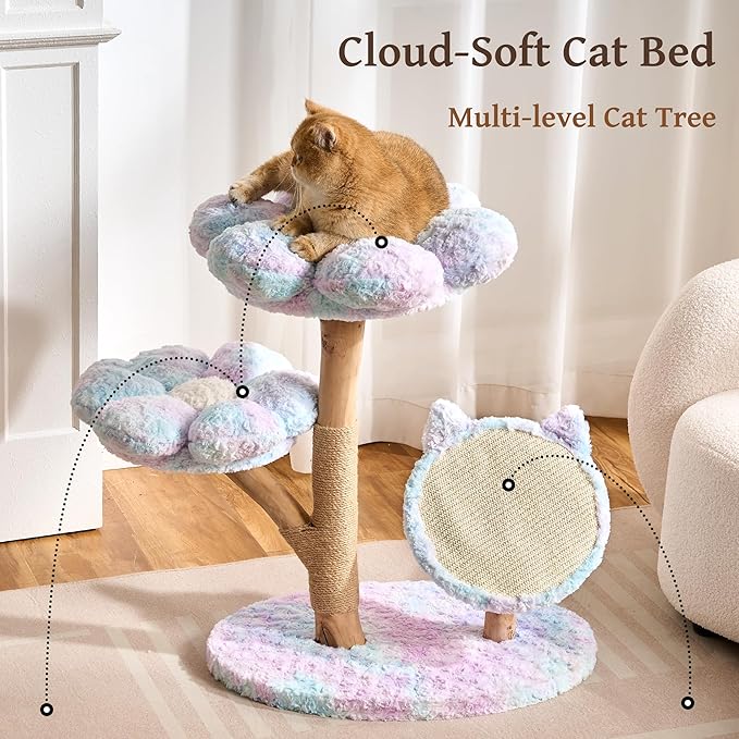 Modern Natural Solid Wood Cat Tree Tower for Indoor Cats Large Adult, 30 inch Flower Cat Tree with Scratching Post, Luxury Aesthetic Cat Tree with Cloud-Soft Flower Perches and Sisal Scratching Pad
