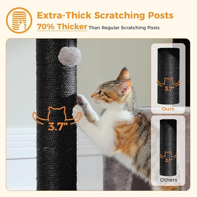 PEQULTI 57.9'' Cat Tree, Multi-Level Tower with Large Top Perch, Thick Scratching Posts and Hammock for Large Indoor Cats up to 20 lbs, Black