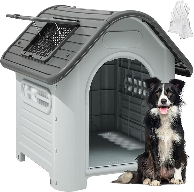 YITAHOME Dog House Outdoor Plastic Doghouse Water Resistant Pet House with Adjustable Skylight and Elevated Base for Small, Medium, and Large Dogs